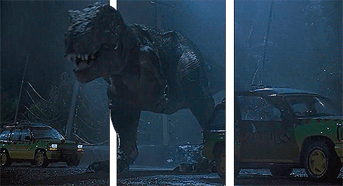 3D split screen effect of a T-Rex on Jurassic Park