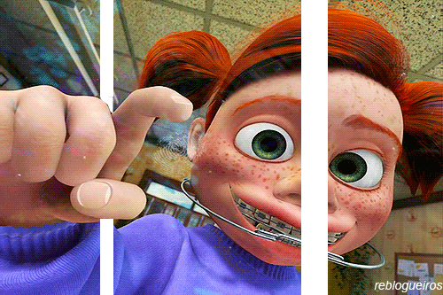 Split screen 3D animated image of a devilishly naughty little girl relentlessly tapping the camera lens getting fingerprints all over the glass