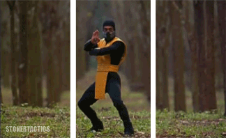 3D split screen animation of a Ninja guy throwing a retractable weapon toward the camera