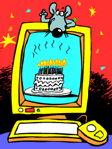 Animated mouse checking out Birthday Cake on computer gif