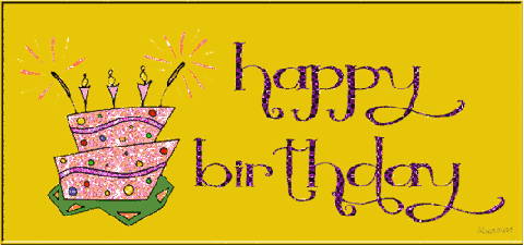 Gold sparkling animated Happy Birthday banner gif with pink girthday cake and sparklers