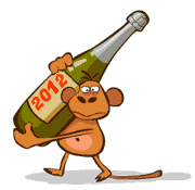 Animated monkey bringing in the new year walking with a bottle of bubbly