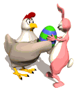 Animated bunny and chicken pulling and tugging on Easter egg