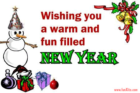 Animated fun filled New Year banner with snowman, Christmas gifts, ornaments and holiday bells