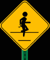 Warning sign - Watch for man running with tire lug wrench animated gif image
