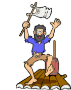 Animated man on raft waving and jumping around