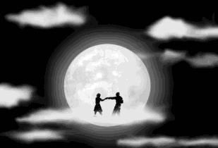 Animated romantic moonlight dance two silhouettes dancing on a cloud