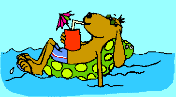 Dog wearing sunglasses relaxing on a raft on the water with a fancy drink