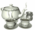 Animated steaming tea cups and teapot