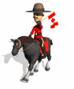 Canadian Mountie riding a horse waving a Canadian flag