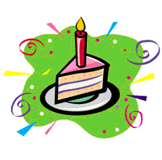 Clip art image of a single slice of a layered birthday cake with one lit candle and the message "Happy Birthday to you"