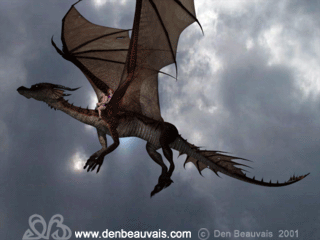 Cool realistic 3D flying dragon animation with two people riding on it's back by Den Beauvais