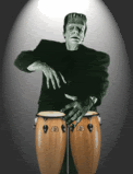 Frankenstein playing bongo drums