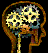 Cog wheels moving in the head for a brain thinking