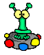 Funky little green Martian guy in his flashy little flying cup trying to find a saucer to land on