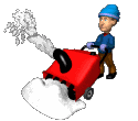 Moving animated gif showing a man using a snow blower to clear snow from the sidewalk after a snowstorm