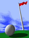 Moving animated golf flag on green behind ball