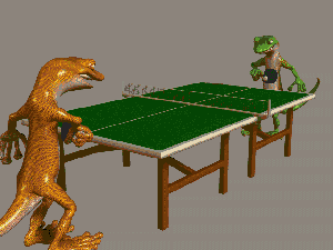 Moving animated picture of two geckos playing ping pong