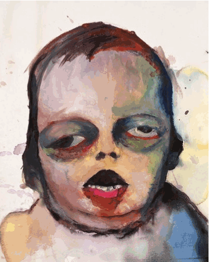 Moving animated picture of a creepy living talking abstract face painting 