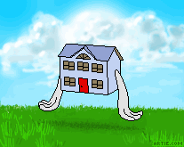 Little cartoon house with wings hovering over the ground