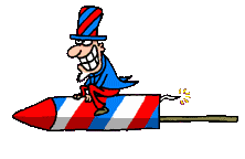 Moving gif animation of Uncle Sam riding rocket for Independence Day celebrations