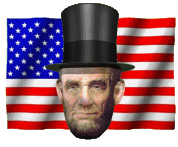 Moving picture Abe Lincoln shaking his head in front of American flag waving in the wind animated gif