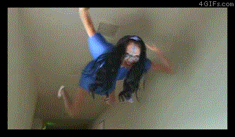 Moving animation of a creepy girl crawling on the ceiling animated gif