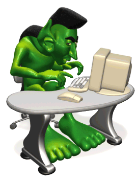 Green monster guy on the computer with real big feet, animated clip art picture 