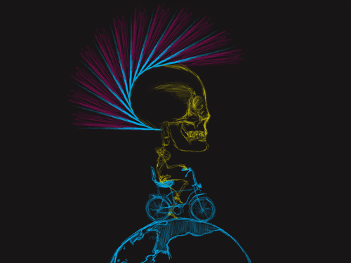 Moving picture skeleton riding bike around world animated gif