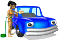 Nice clean happy blue animated car after girl in bikini gives a hand wash and rinse with hose