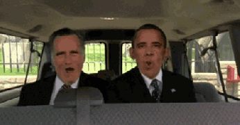 Barack and Mitt hanging out going over some cheers waiting for the chauffer to take them to the debate