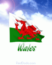 Realistic animated waving Wales flag in sky with sun and cloud