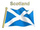 Scotland flag flapping on flag pole with letters "Scotland" spinning over animation