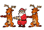 Animated Santa Clause dancing with reindeer after a long flight and a hard nights work
