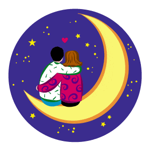 Animated gif image couple in love hugging and cuddling sitting on a crescent moon