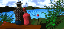 Animated gif of father and son on a dock at the lake fishing together