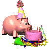 Pink animated party pig with hat and cake
