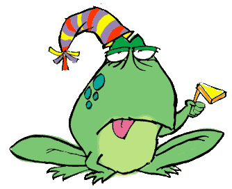 Animated inebriated frog with a noisemaker wearing a party hat on New Year's Eve