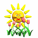 Little cartoon sunshine animation shining on tulips