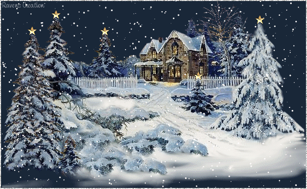 Animated winter snow scene with cabin in snow and fresh snow gently falling
