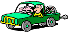 Animated green pick up truck driving along with a pig in the passenger seat and a load in the back