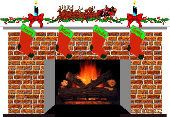X-mas fireplace scene with stockings hanging on the mantle
