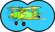 Little green cartoon airplane flying in a clear blue sky