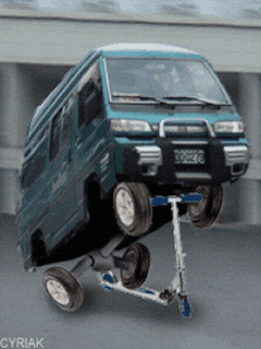 Animation of mini van riding on a scooter