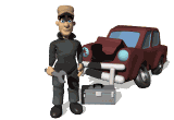 Animated moving mechanic with tools in hand shaking his head because he cant fix car