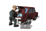 Animated cartoon mechanic banging on the engine of a car with a hammer cause he's a little frustrated