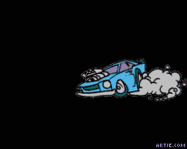 Animated blue cartoon hot rod doing donuts with smoke and dust