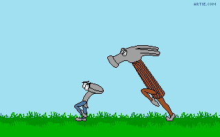 Animated cartoon hammer chasing nail 