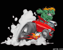 cartoon hot rod animation burning out in smoke and flames