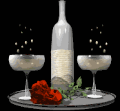 Romantic clip art animation of a bubbly champagne toast with a rose and two glasses on a silver tray